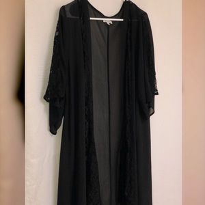 Long Black Lace Sheer Open Front Cardigan